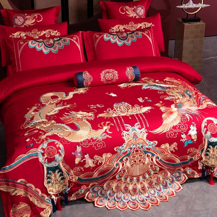 91家纺网 家纺一手货源 找家纺 （总）慕她家纺 2026年全棉纯棉婚庆四件套大红色刺绣结床上用品（床盖款加40）