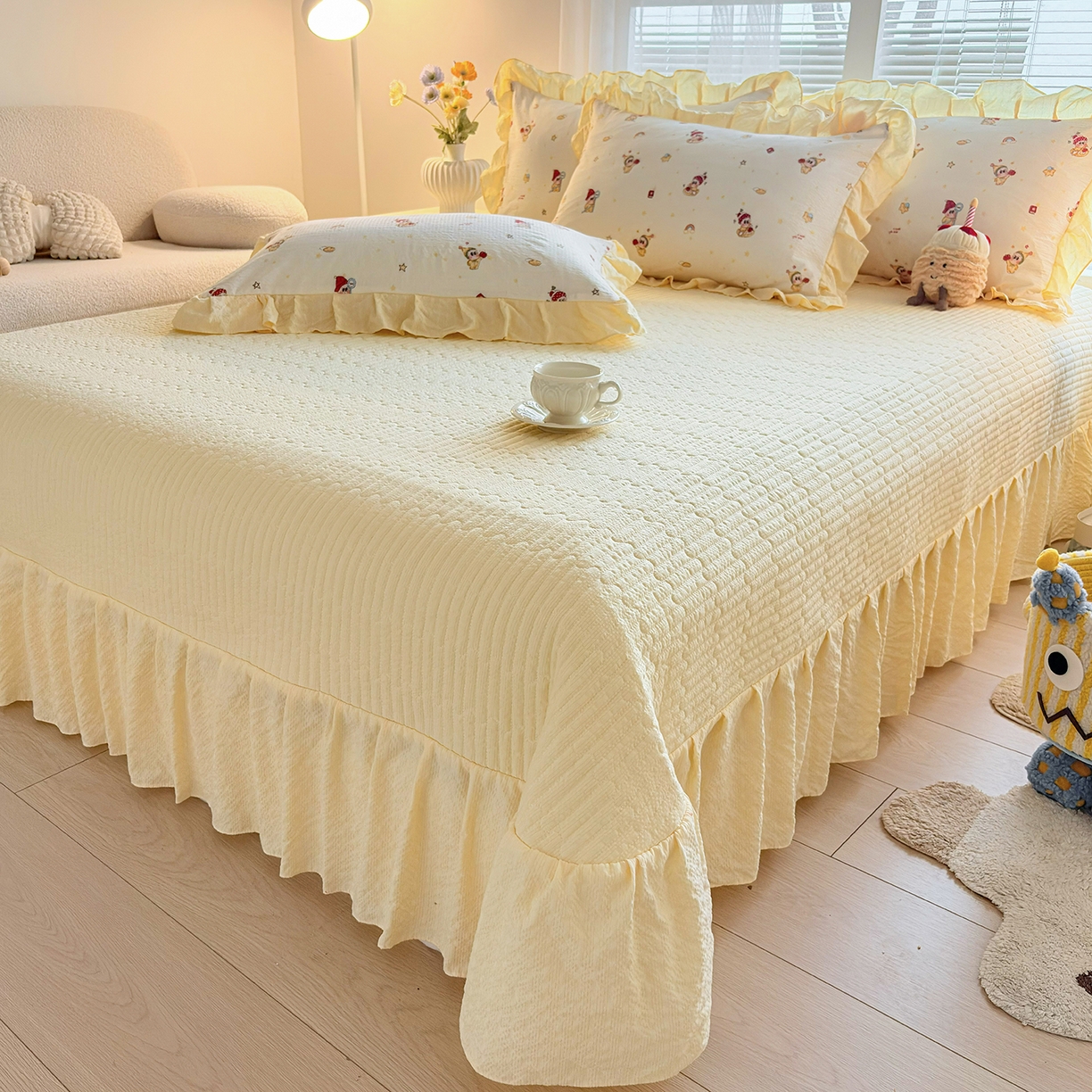 91家纺网 家纺一手货源 找家纺 畅畅家纺 2026新款春夏小清新泡芙双层纱床盖款四件套 星星人