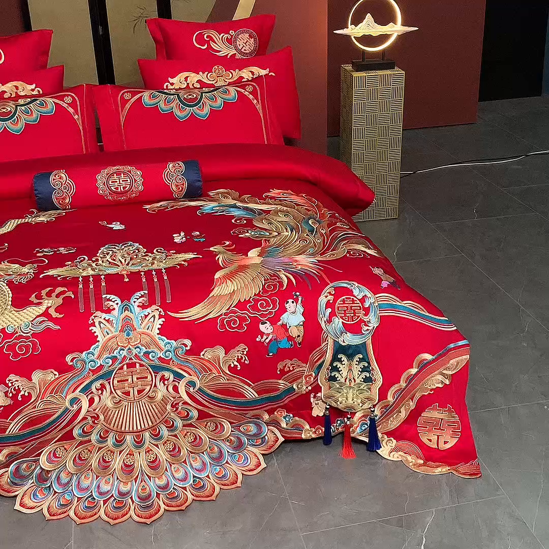 91家纺网 家纺一手货源 找家纺 （总）慕她家纺 2026年全棉纯棉婚庆四件套大红色刺绣结床上用品（床盖款加40）