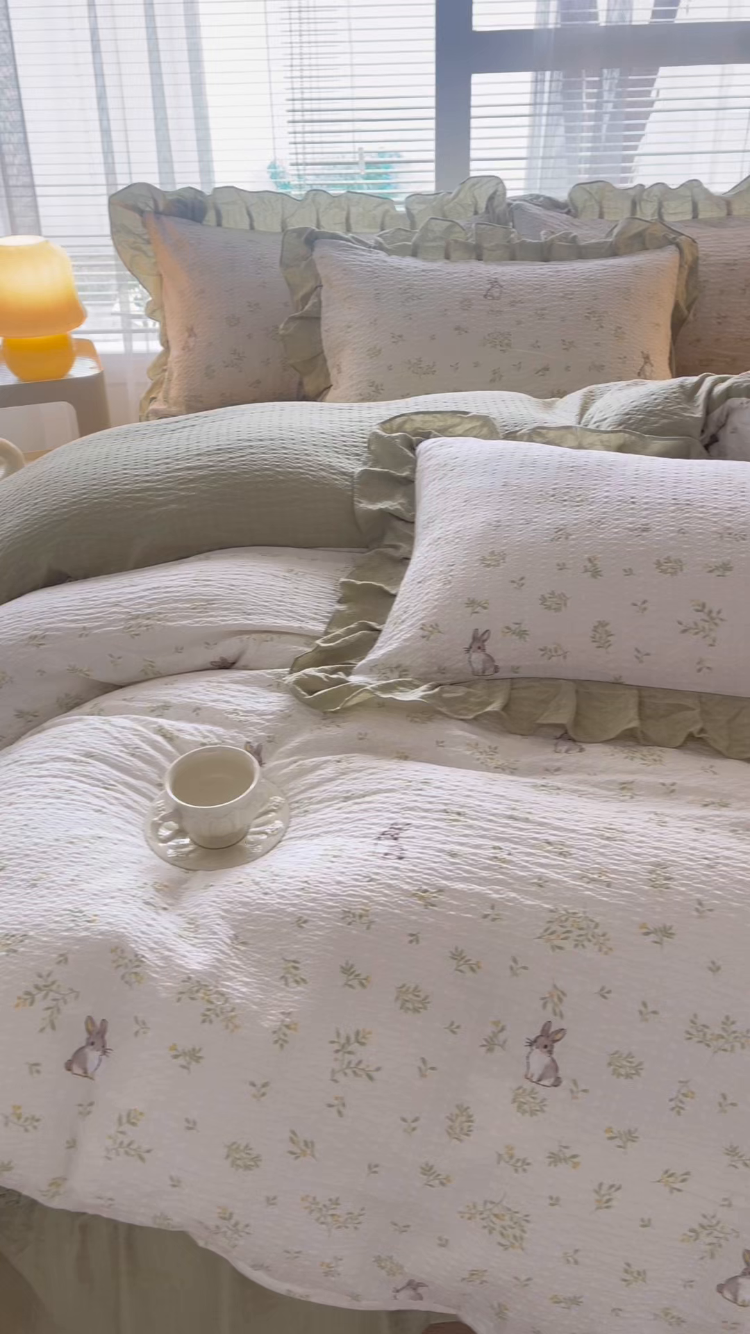 91家纺网 家纺一手货源 找家纺 畅畅家纺 2026新款春夏小清新泡芙双层纱床盖款四件套 乖乖兔