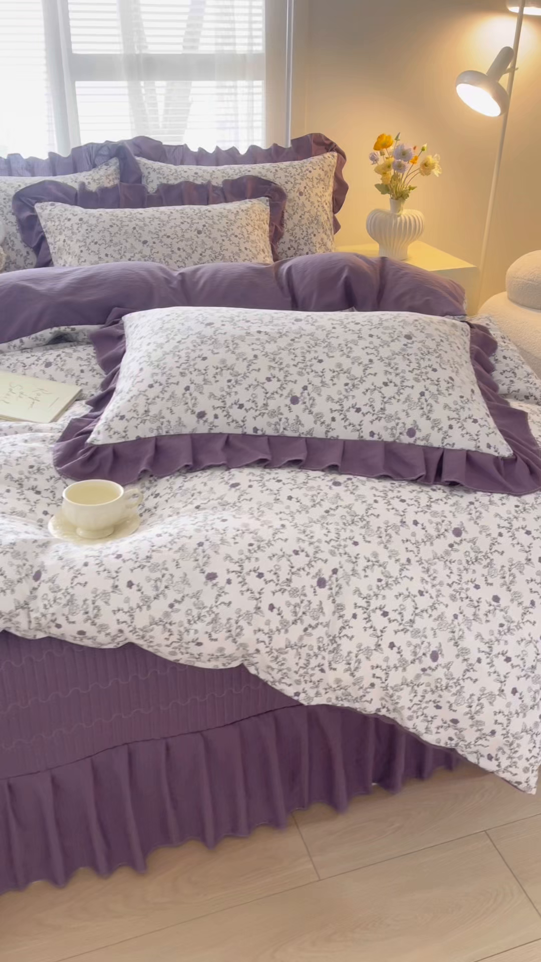 91家纺网 家纺一手货源 找家纺 畅畅家纺 2026新款春夏小清新泡芙双层纱床盖款四件套 晨雾花园