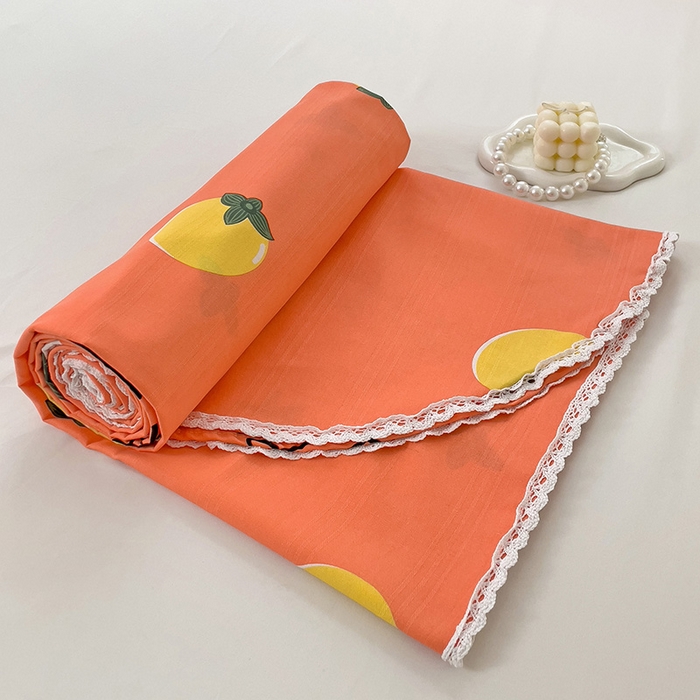 91家纺网 家纺一手货源 找家纺 梵克保罗 2026春夏原棉鱼骨棉老粗布花边印花床单软凉席席子三件套 柿柿如意-桔