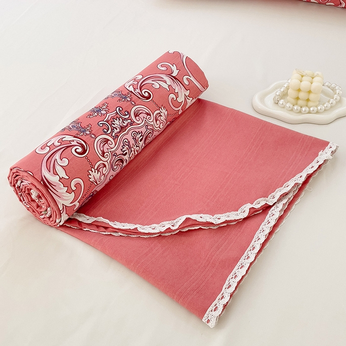 91家纺网 家纺一手货源 找家纺 梵克保罗 2026春夏原棉鱼骨棉老粗布花边印花床单软凉席席子三件套 欧式风情-粉