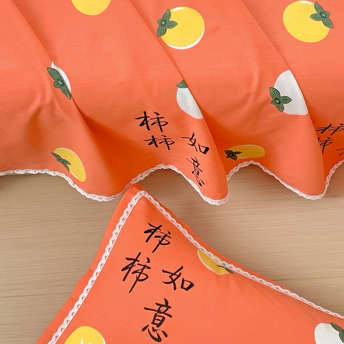 91家纺网 家纺一手货源 找家纺 梵克保罗 2026春夏原棉鱼骨棉老粗布花边印花床单软凉席席子三件套 柿柿如意-桔