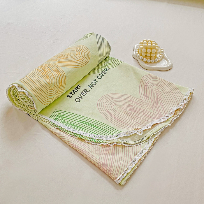 91家纺网 家纺一手货源 找家纺 梵克保罗 2026春夏原棉鱼骨棉老粗布花边印花床单软凉席席子三件套 心动-绿