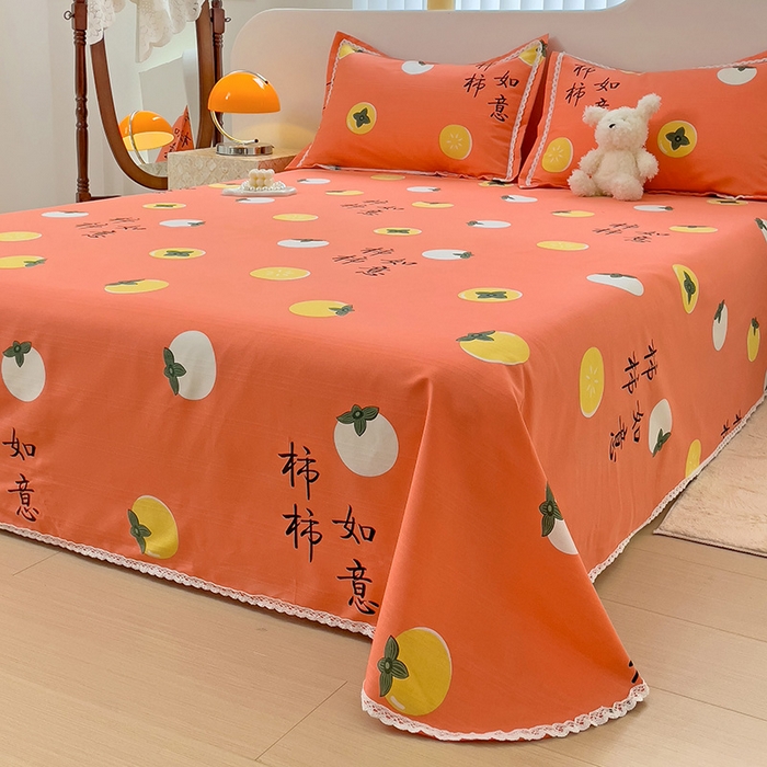 91家纺网 家纺一手货源 找家纺 梵克保罗 2026春夏原棉鱼骨棉老粗布花边印花床单软凉席席子三件套 柿柿如意-桔