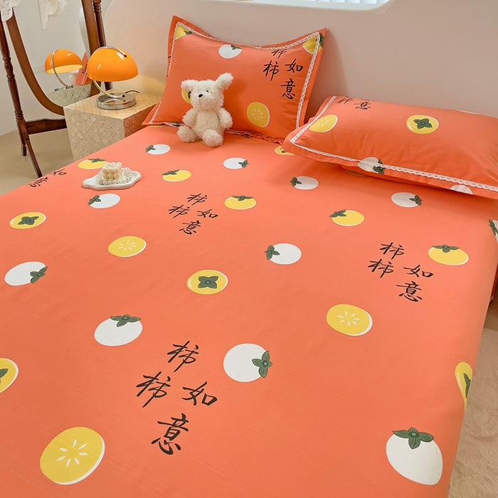 91家纺网 家纺一手货源 找家纺 梵克保罗 2026春夏原棉鱼骨棉老粗布花边印花床单软凉席席子三件套 柿柿如意-桔