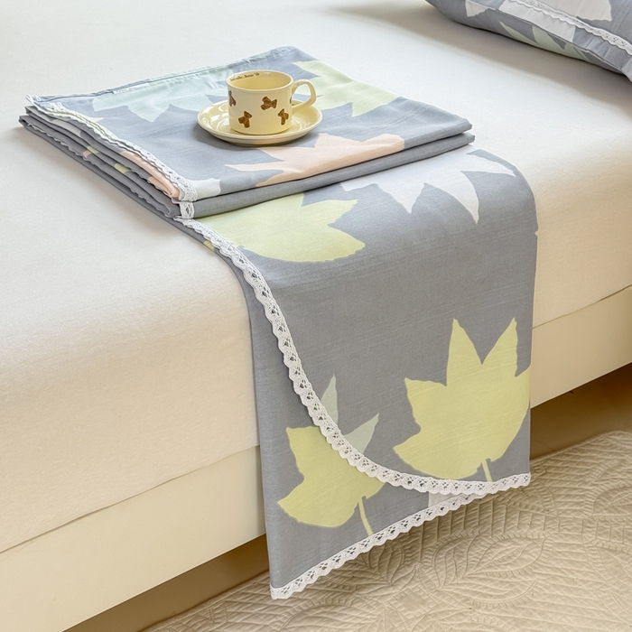 91家纺网 家纺一手货源 找家纺 梵克保罗 2026春夏原棉鱼骨棉老粗布花边印花床单软凉席席子三件套 叶韵秋眠