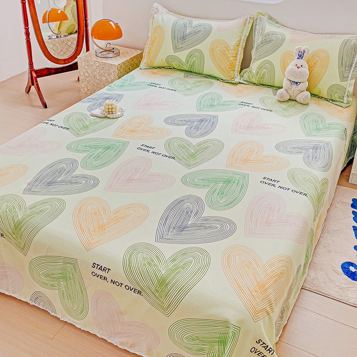 91家纺网 家纺一手货源 找家纺 梵克保罗 2026春夏原棉鱼骨棉老粗布花边印花床单软凉席席子三件套 心动-绿