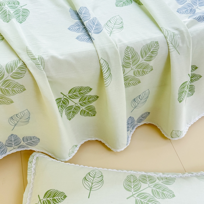 91家纺网 家纺一手货源 找家纺 梵克保罗 2026春夏原棉鱼骨棉老粗布花边印花床单软凉席席子三件套 翠叶