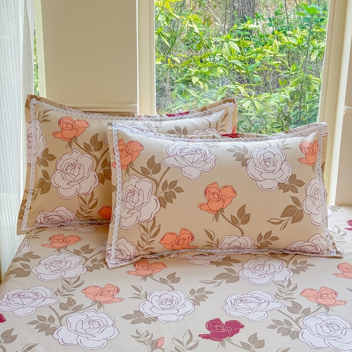 91家纺网 家纺一手货源 找家纺 梵克保罗 2026春夏原棉鱼骨棉老粗布花边印花床单软凉席席子三件套 玫瑰