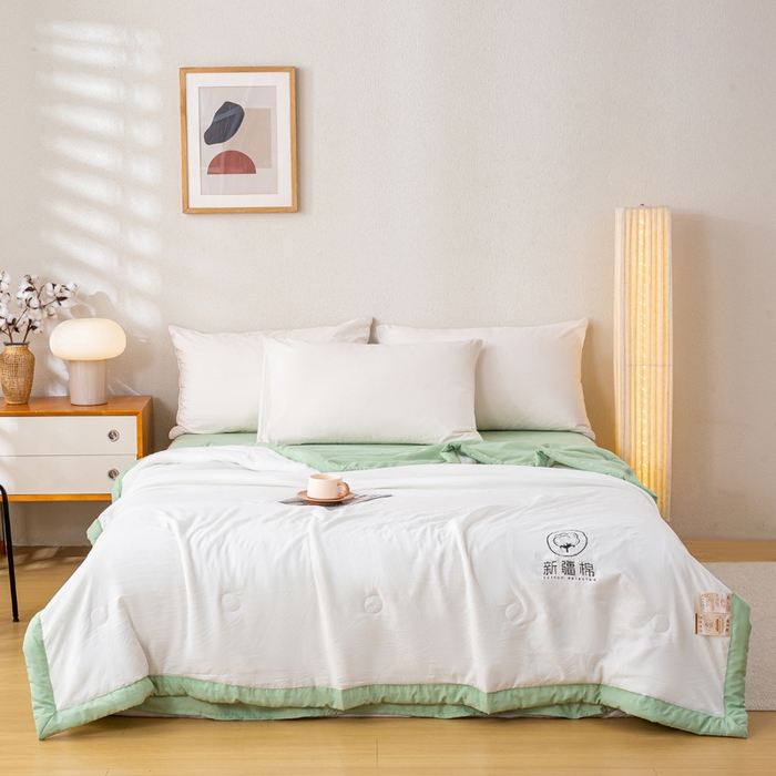 91家纺网 家纺一手货源 找家纺 憨豆  2026新款撞色双拼新疆棉花被夏被无印风水洗棉空调被夏凉被子（常年有货） 棉朵-果绿白