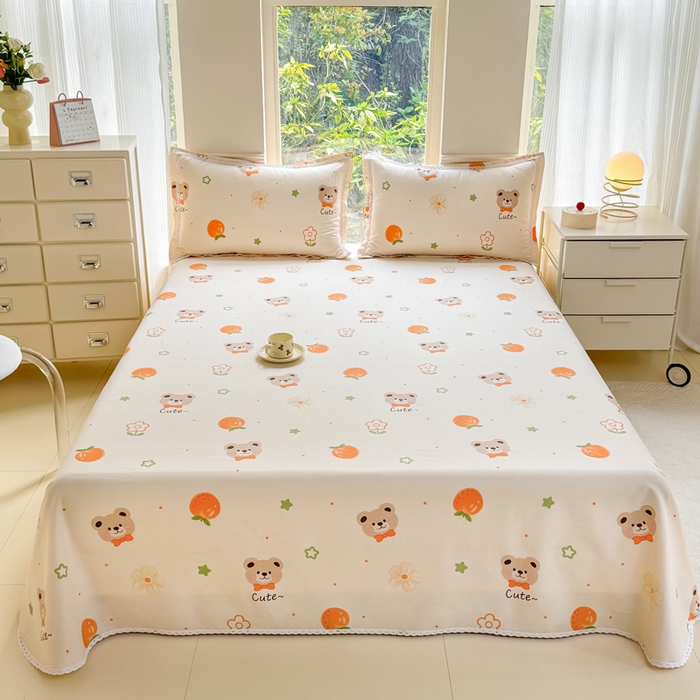 梵克保罗 2026春夏原棉鱼骨棉老粗布花边印花床单软凉席席子三件套 萌熊