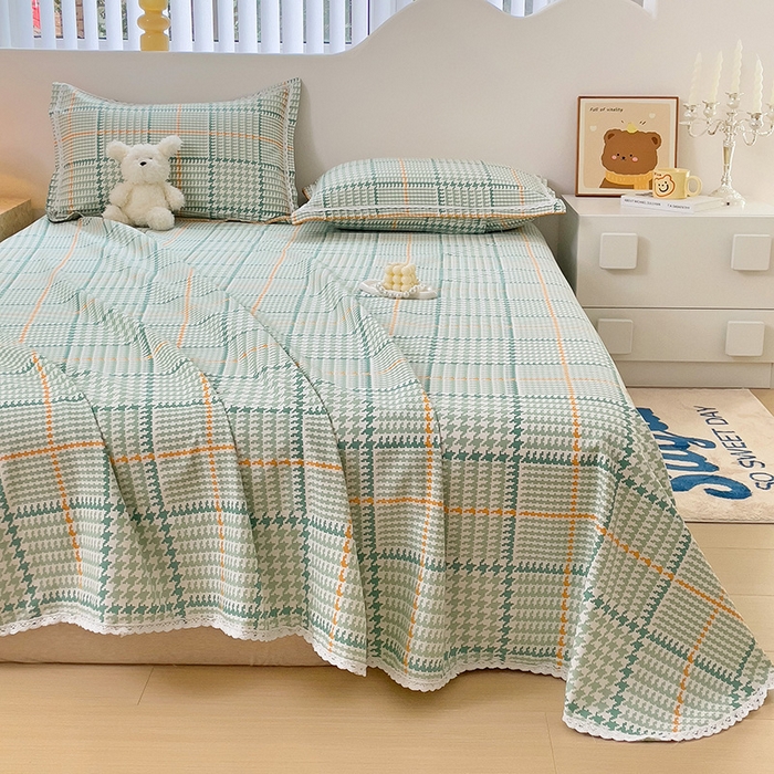 91家纺网 家纺一手货源 找家纺 梵克保罗 2026春夏原棉鱼骨棉老粗布花边印花床单软凉席席子三件套 千鸟格