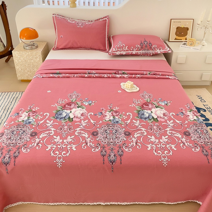 91家纺网 家纺一手货源 找家纺 梵克保罗 2026春夏原棉鱼骨棉老粗布花边印花床单软凉席席子三件套 欧式风情-粉