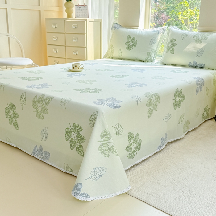 91家纺网 家纺一手货源 找家纺 梵克保罗 2026春夏原棉鱼骨棉老粗布花边印花床单软凉席席子三件套 翠叶