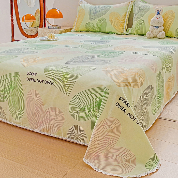 91家纺网 家纺一手货源 找家纺 梵克保罗 2026春夏原棉鱼骨棉老粗布花边印花床单软凉席席子三件套 心动-绿