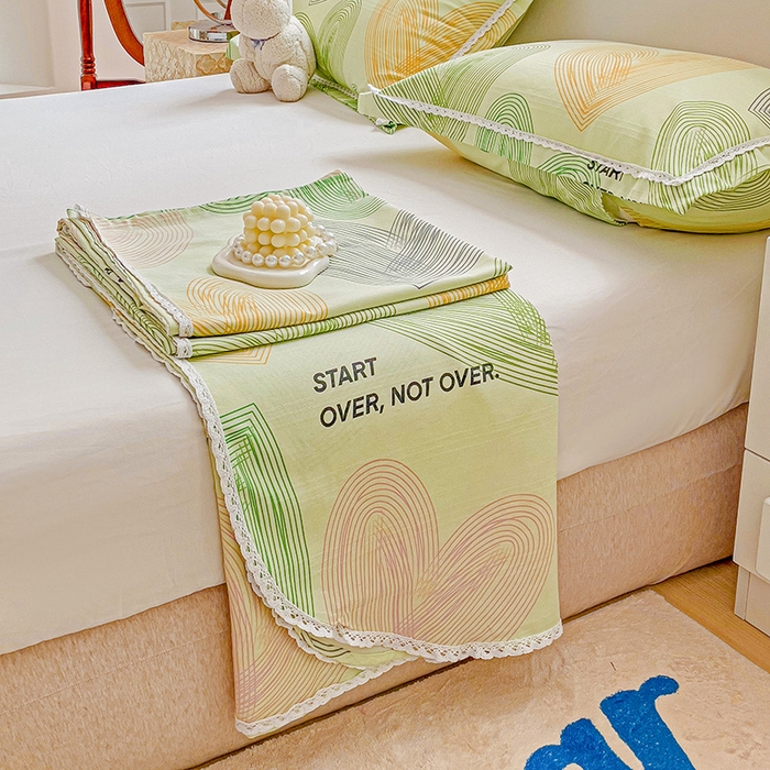 91家纺网 家纺一手货源 找家纺 梵克保罗 2026春夏原棉鱼骨棉老粗布花边印花床单软凉席席子三件套 心动-绿