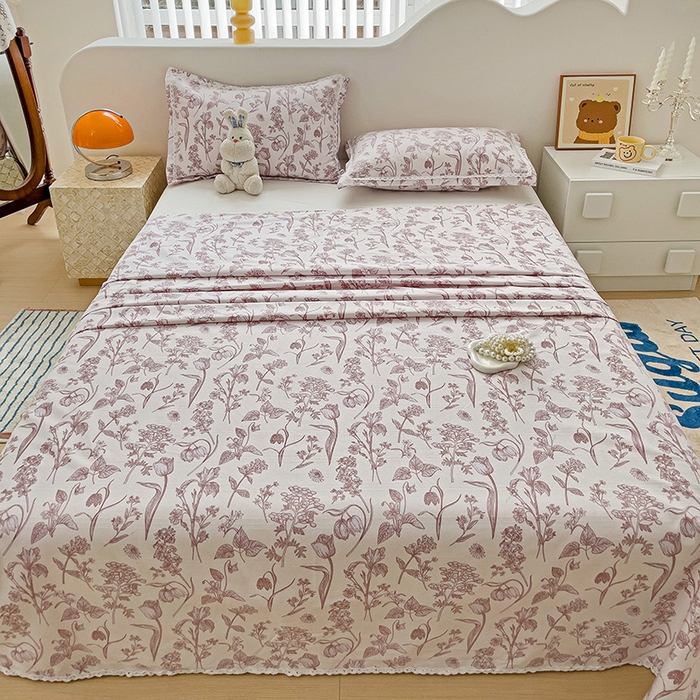 91家纺网 家纺一手货源 找家纺 梵克保罗 2026春夏原棉鱼骨棉老粗布花边印花床单软凉席席子三件套 花意