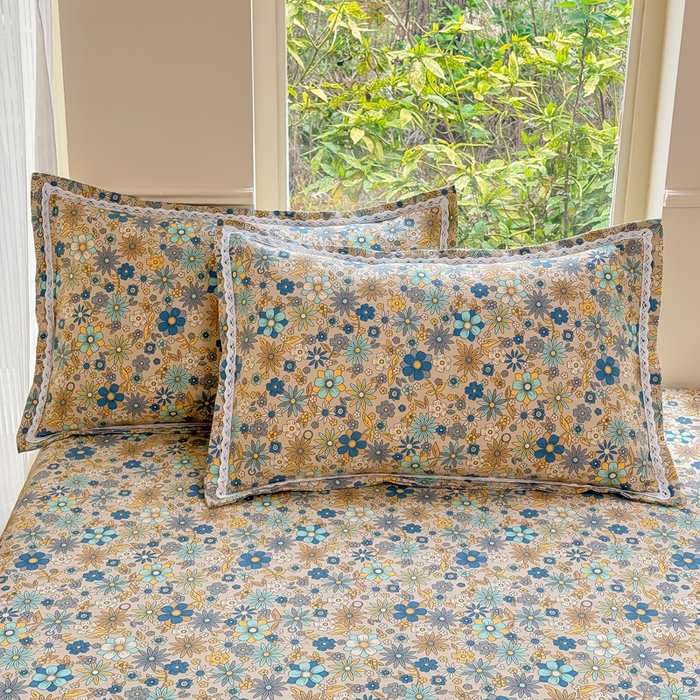 91家纺网 家纺一手货源 找家纺 梵克保罗 2026春夏原棉鱼骨棉老粗布花边印花床单软凉席席子三件套 陌上花吟