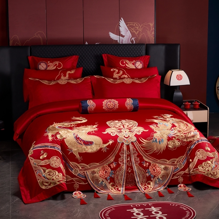 91家纺网 家纺一手货源 找家纺 （总）慕她家纺 2026年全棉纯棉婚庆四件套大红色刺绣结床上用品