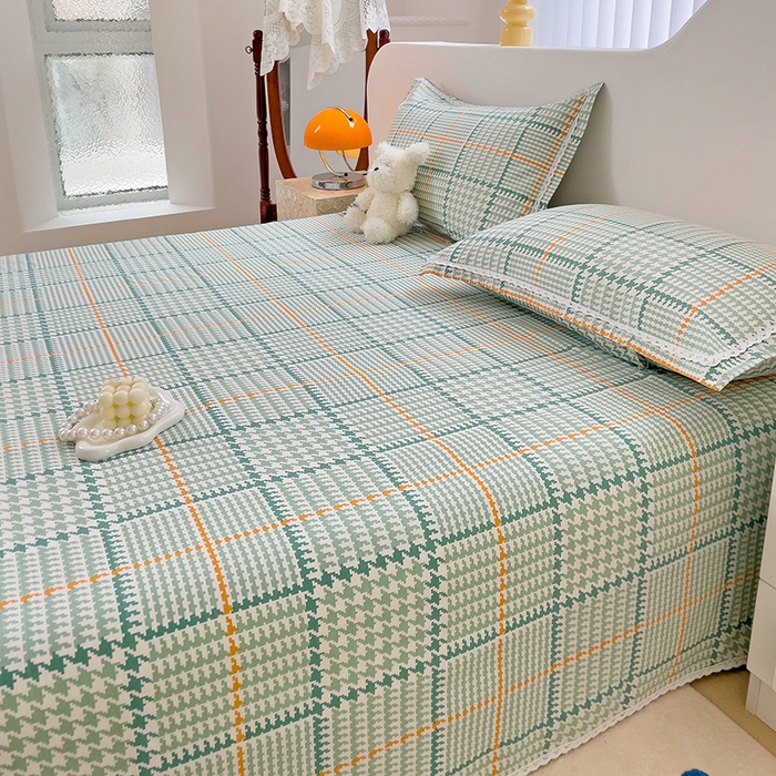 91家纺网 家纺一手货源 找家纺 梵克保罗 2026春夏原棉鱼骨棉老粗布花边印花床单软凉席席子三件套 千鸟格