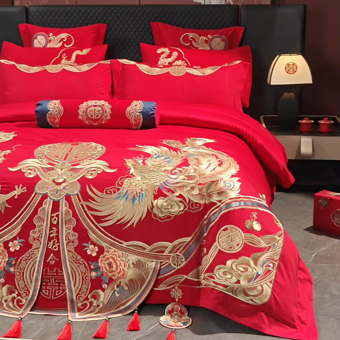 91家纺网 家纺一手货源 找家纺 （总）慕她家纺 2026年全棉纯棉婚庆四件套大红色刺绣结床上用品