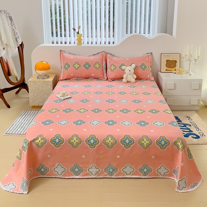 梵克保罗 2026春夏原棉鱼骨棉老粗布花边印花床单软凉席席子三件套 四叶草-玉