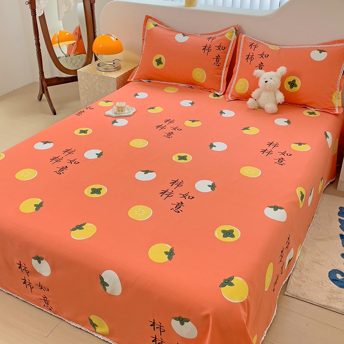 91家纺网 家纺一手货源 找家纺 梵克保罗 2026春夏原棉鱼骨棉老粗布花边印花床单软凉席席子三件套 柿柿如意-桔