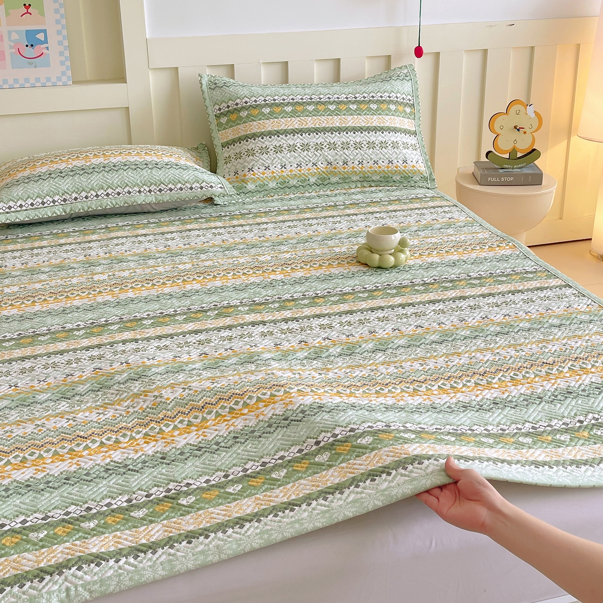 91家纺网 家纺一手货源 找家纺 金鑫汇家纺 2026春夏新款成人床新花型老粗布夹棉床盖软凉席席子可以机洗 星辰-绿