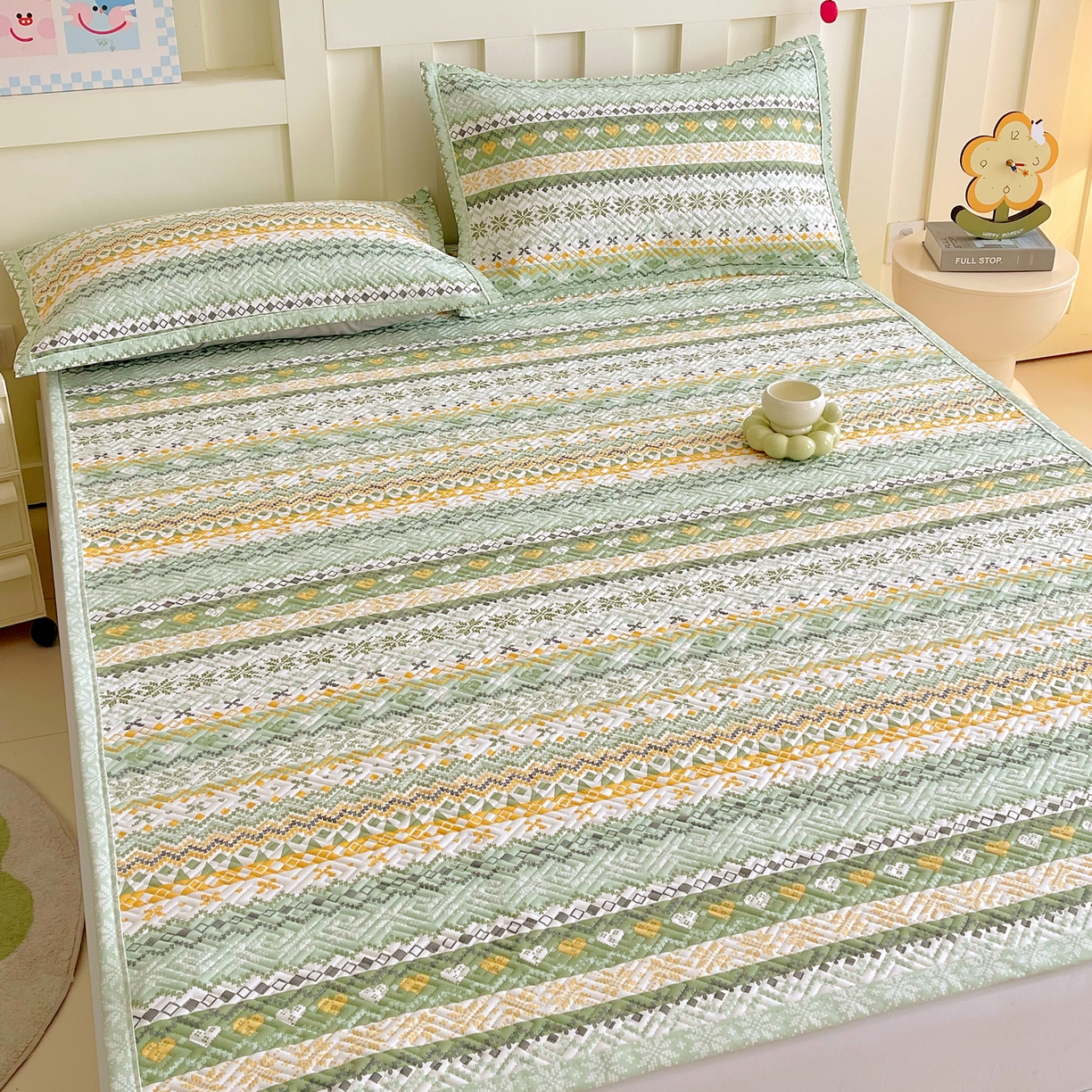 91家纺网 家纺一手货源 找家纺 金鑫汇家纺 2026春夏新款成人床新花型老粗布夹棉床盖软凉席席子可以机洗 星辰-绿