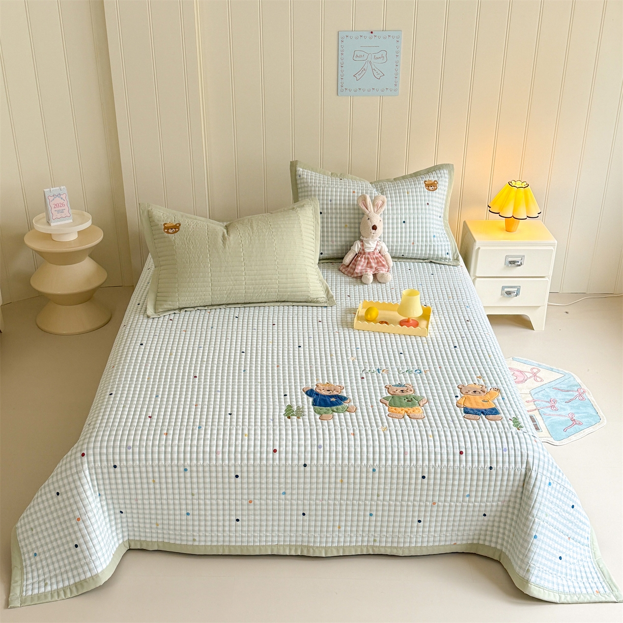 绒棉世家 2026新款高克重水洗棉云感棉印+贴布绣卡通床盖夹棉软席三件套 熊熊乐园