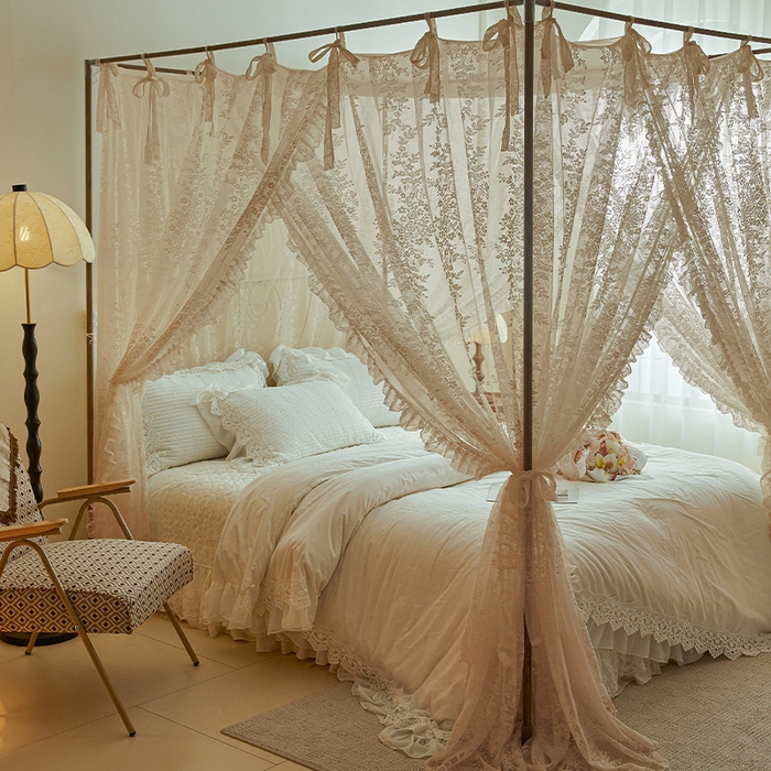 91家纺网 家纺一手货源 找家纺 都市缘蚊帐 2026新款春夏落地豪华高端蕾丝提花款导轨蚊帐-玫瑰庄园-905款 905玫瑰庄园-奶油杏