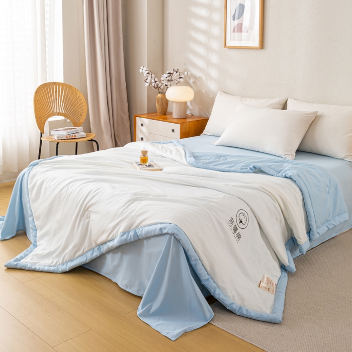 91家纺网 家纺一手货源 找家纺 憨豆  2026新款撞色双拼新疆棉花被夏被无印风水洗棉空调被夏凉被子（常年有货） 棉朵-蓝白