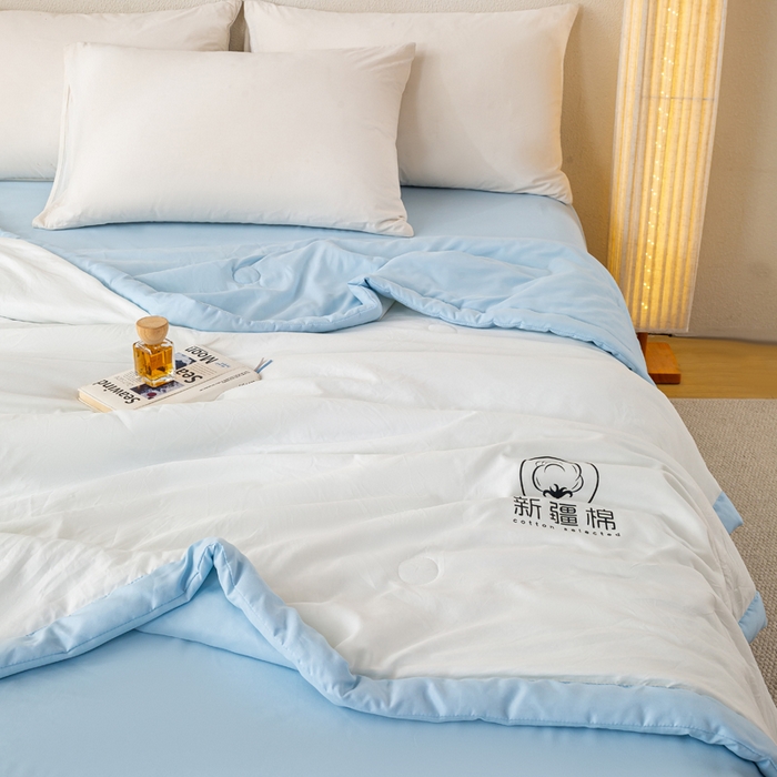91家纺网 家纺一手货源 找家纺 憨豆  2026新款撞色双拼新疆棉花被夏被无印风水洗棉空调被夏凉被子（常年有货） 棉朵-蓝白