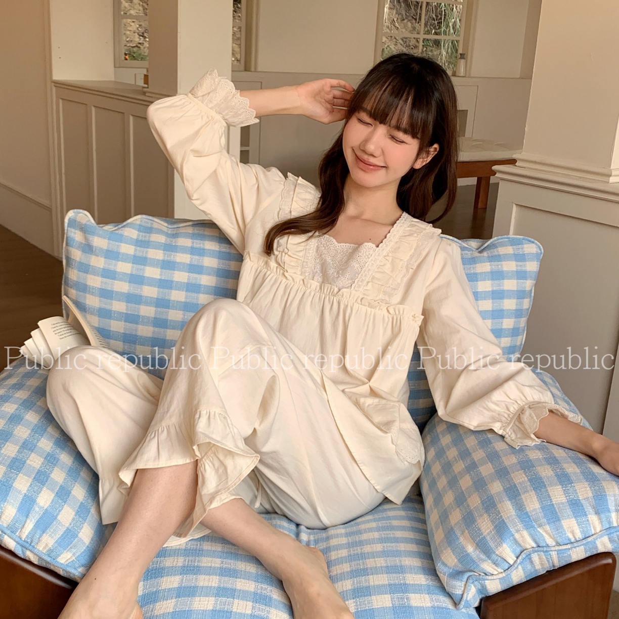妍景家居生活馆 2026新款格韩系法式宫廷方领花边纯棉套装 奶油杏