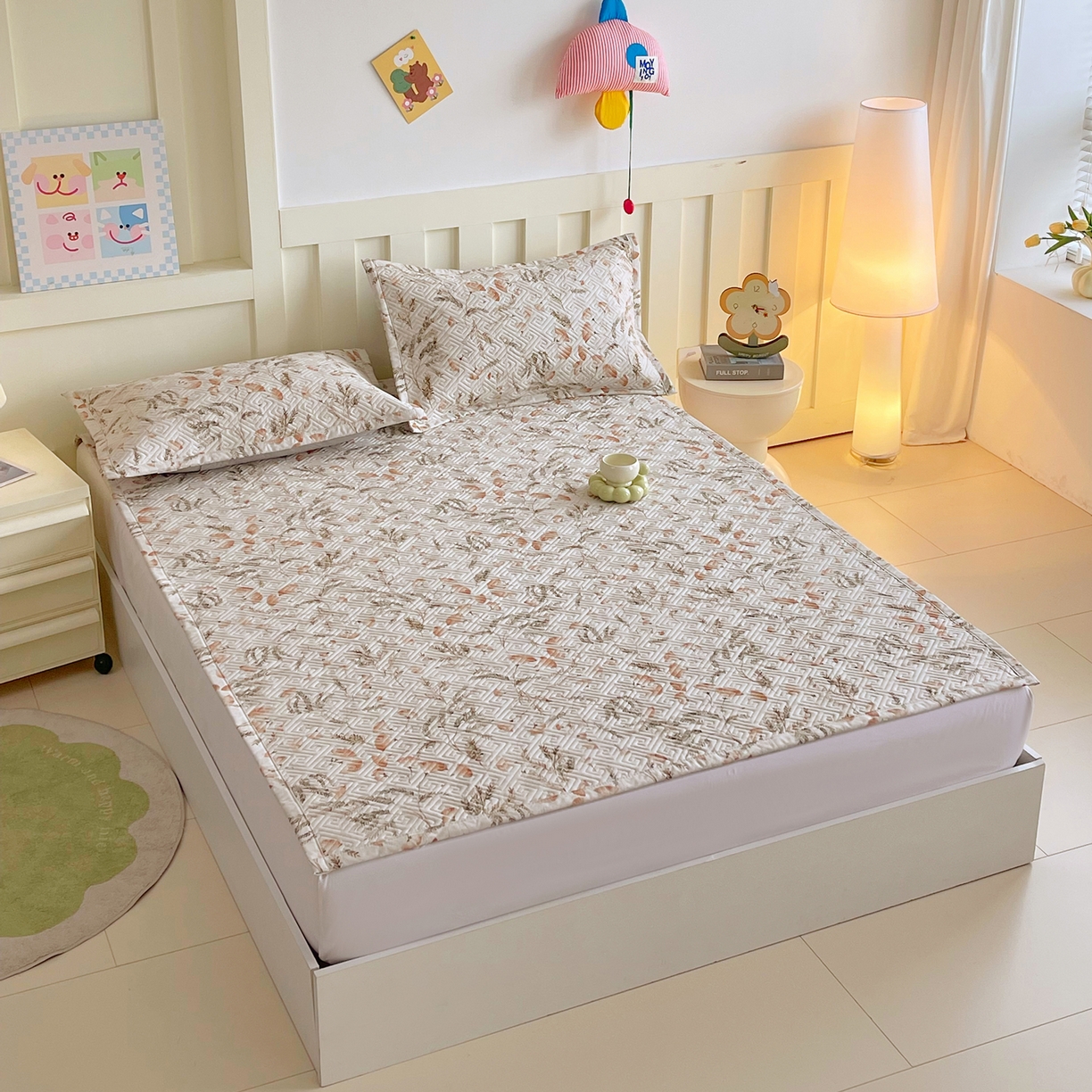 91家纺网 家纺一手货源 找家纺 金鑫汇家纺 2026春夏新款成人床新花型老粗布夹棉床盖软凉席席子可以机洗 月下花影·桔