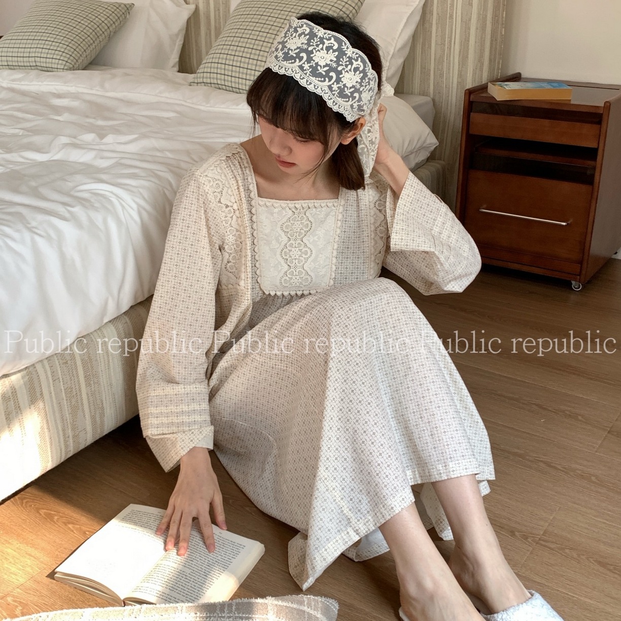 91家纺网 家纺一手货源 找家纺 （总）妍景家居生活馆 2026新款韩系方领刺绣印花睡裙