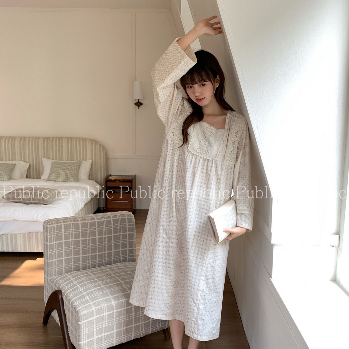 91家纺网 家纺一手货源 找家纺 （总）妍景家居生活馆 2026新款韩系方领刺绣印花睡裙