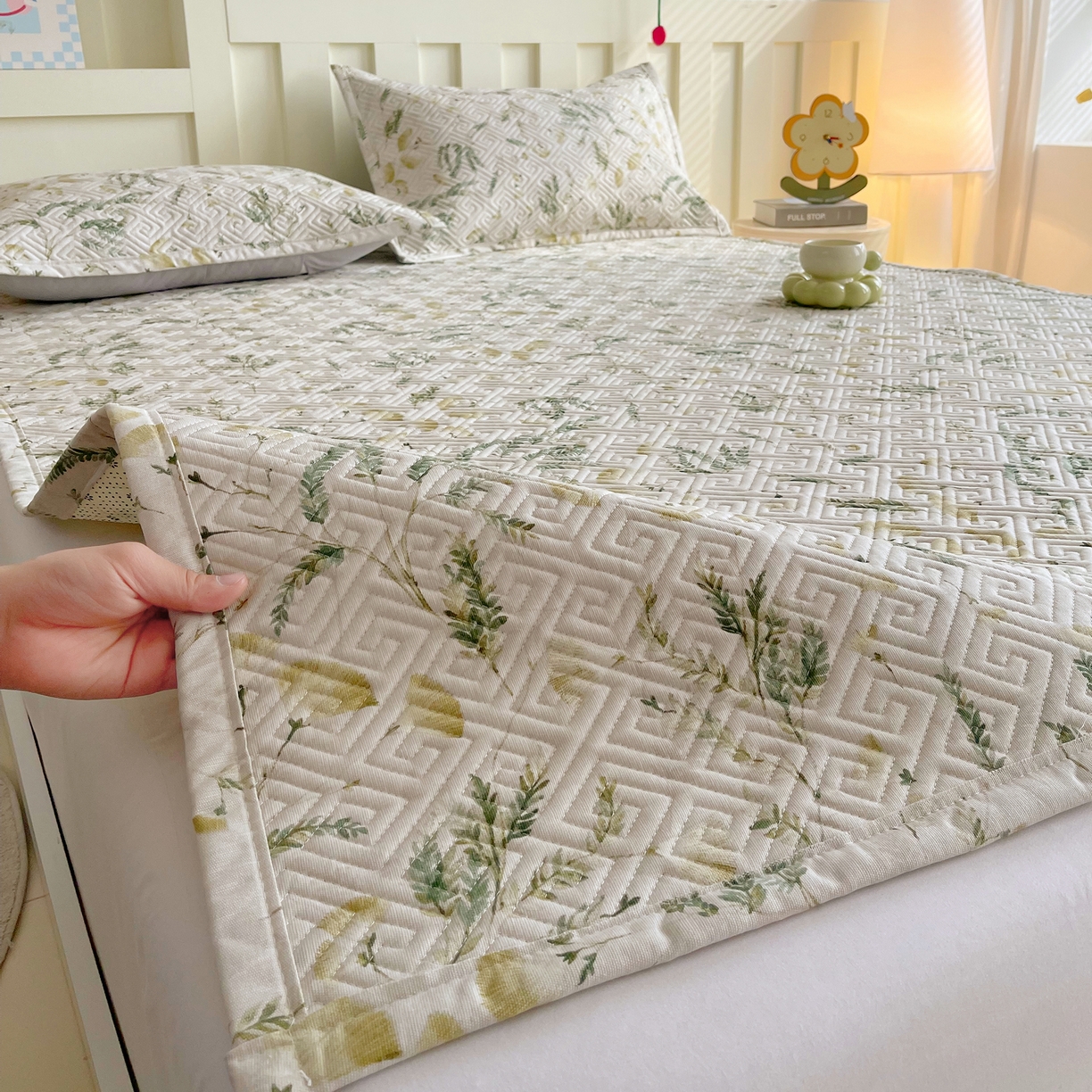 金鑫汇家纺 2026春夏新款成人床新花型老粗布夹棉床盖软凉席席子可以机洗 月下花影-绿