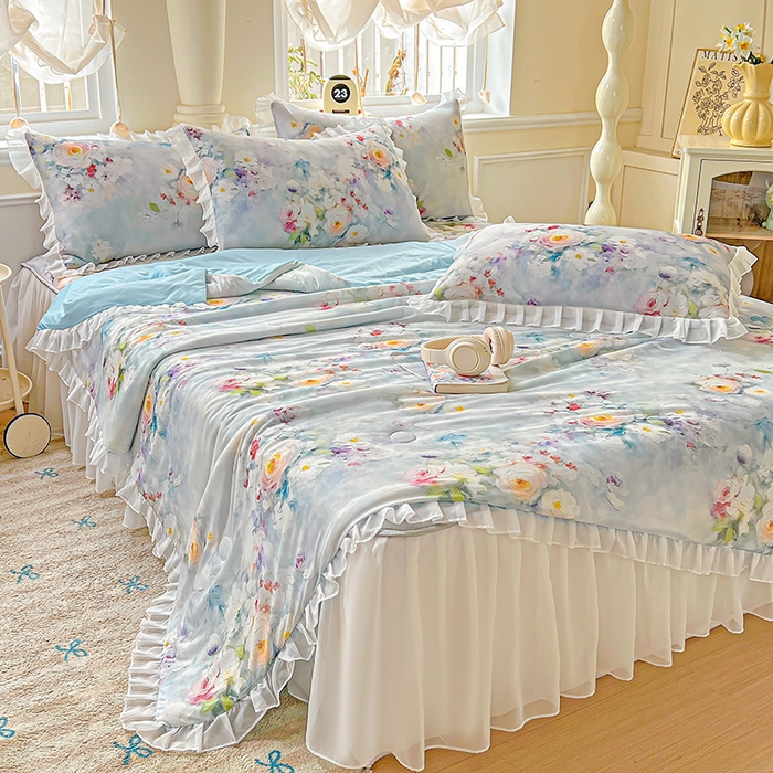 91家纺网 家纺一手货源 找家纺 （总）栩裕纺织 2026新款（常年不断货）A类凉感丝床裙款凉席夏被四件套花边空调被三件套