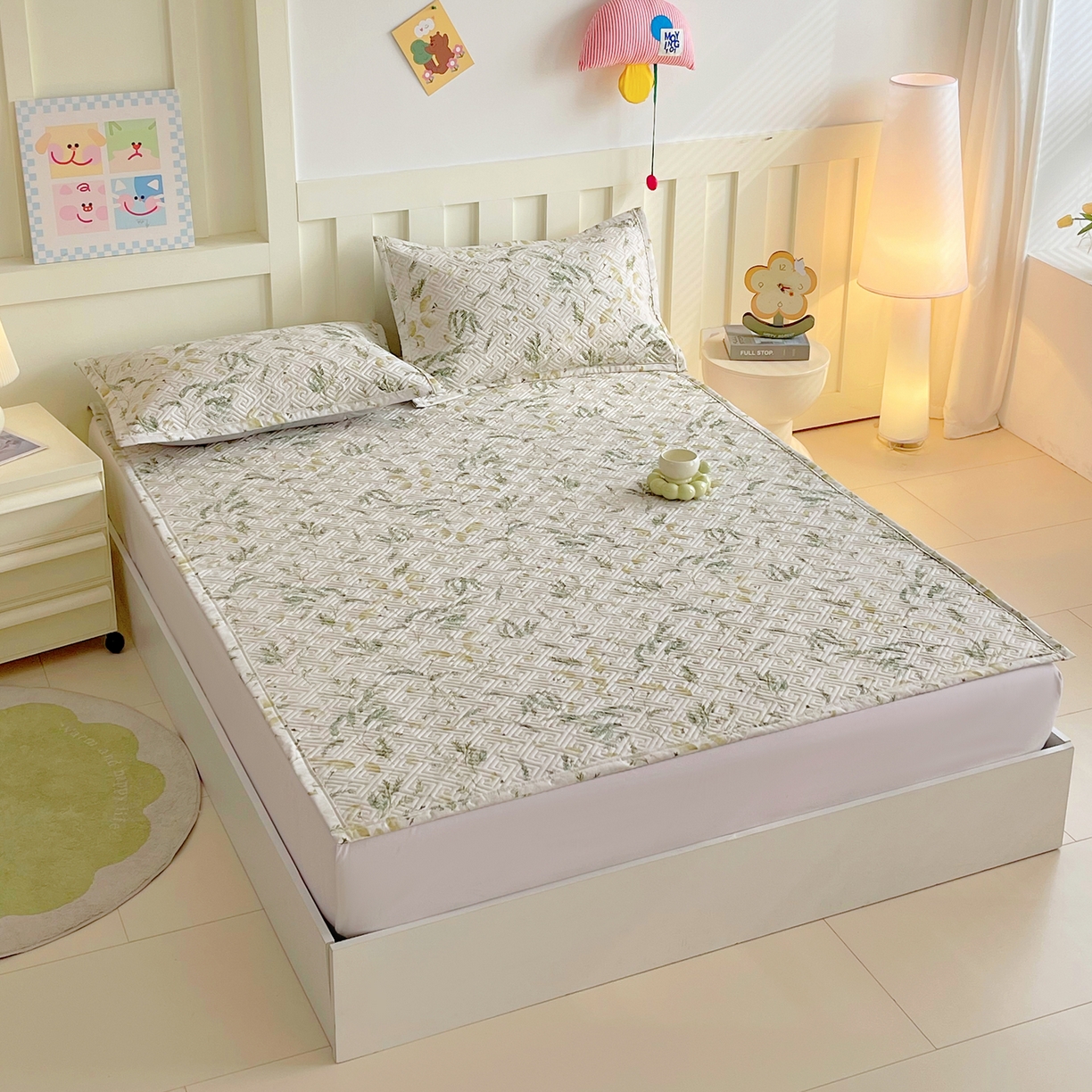 91家纺网 家纺一手货源 找家纺 金鑫汇家纺 2026春夏新款成人床新花型老粗布夹棉床盖软凉席席子可以机洗 月下花影-绿