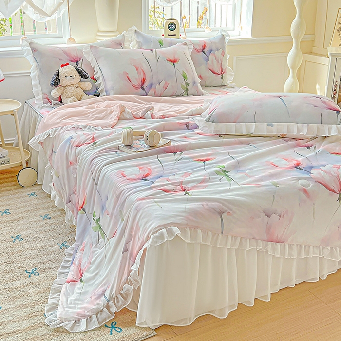 91家纺网 家纺一手货源 找家纺 （总）栩裕纺织 2026新款（常年不断货）A类凉感丝床裙款凉席夏被四件套花边空调被三件套