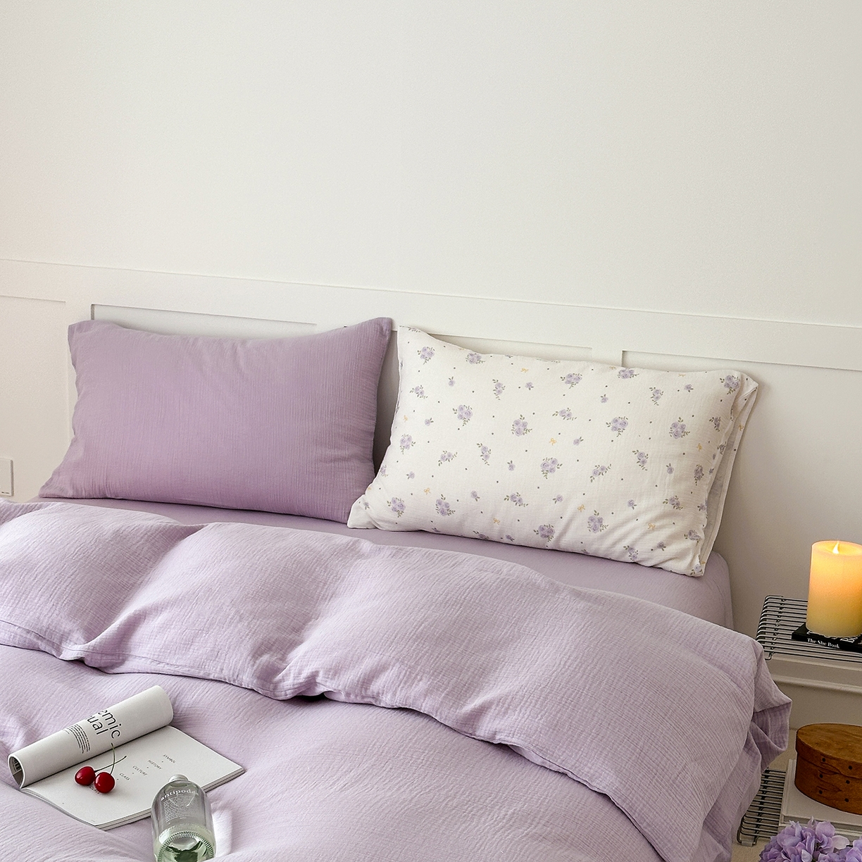 91家纺网 家纺一手货源 找家纺 玖弘家居 2026新款糖果印花色系皱皱纱四件套系列 浅紫（浅紫+柔紫花信）