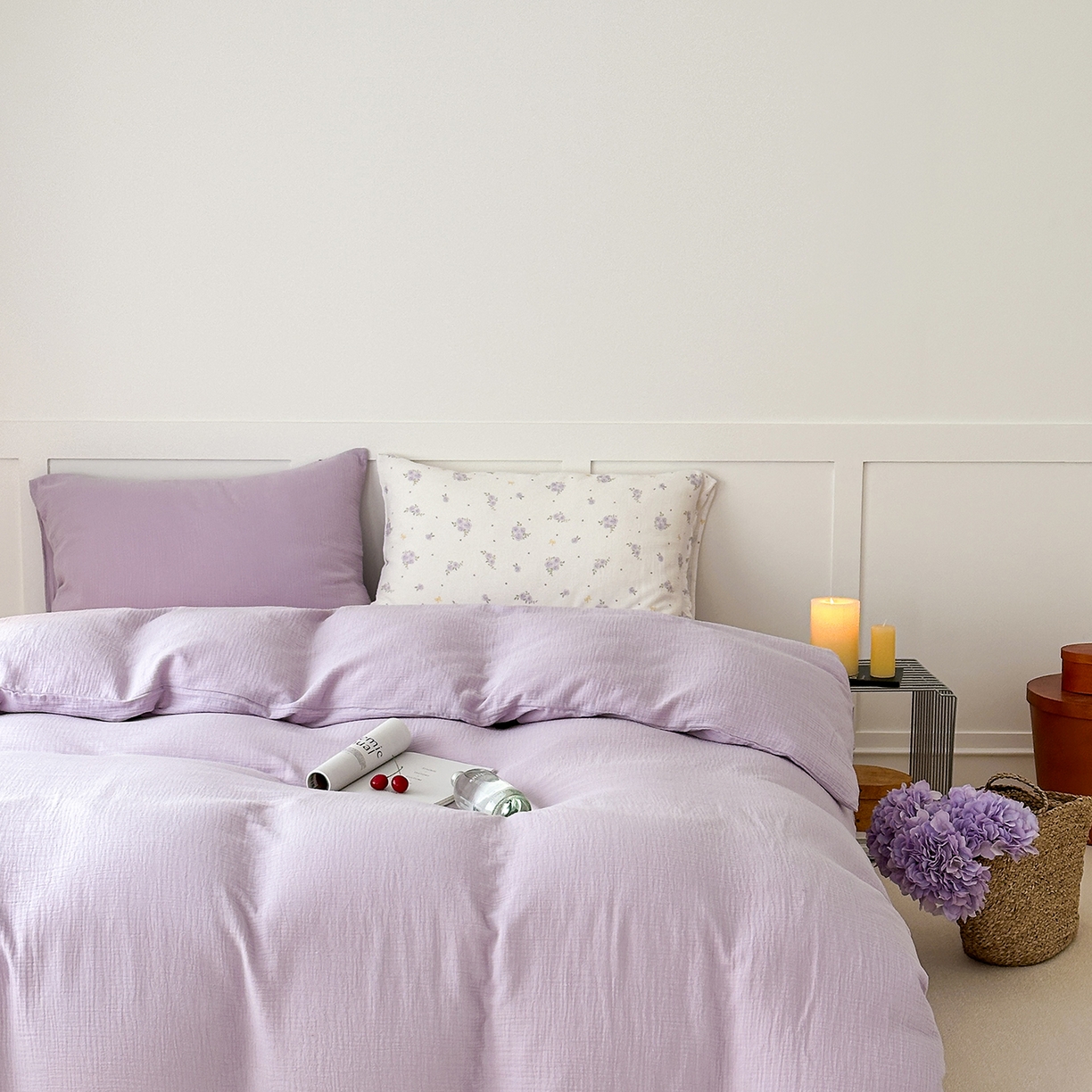 91家纺网 家纺一手货源 找家纺 玖弘家居 2026新款糖果印花色系皱皱纱四件套系列 浅紫（浅紫+柔紫花信）