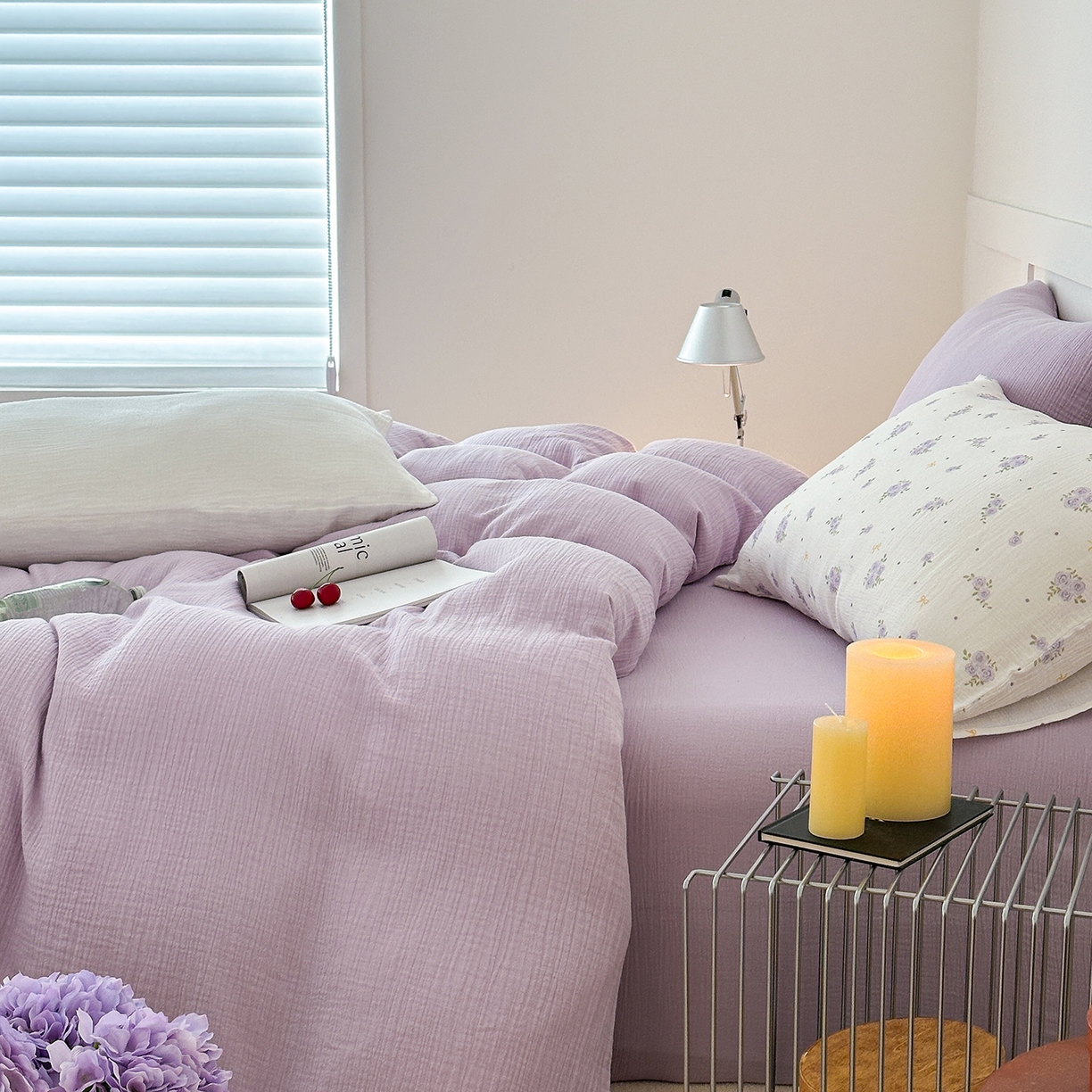 91家纺网 家纺一手货源 找家纺 玖弘家居 2026新款糖果印花色系皱皱纱四件套系列 浅紫（浅紫+柔紫花信）