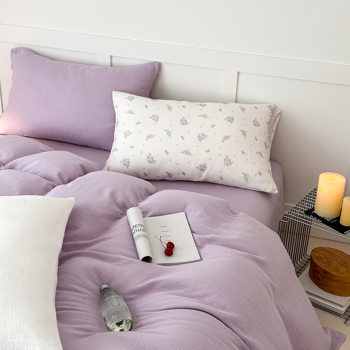 91家纺网 家纺一手货源 找家纺 玖弘家居 2026新款糖果印花色系皱皱纱四件套系列 浅紫（浅紫+柔紫花信）