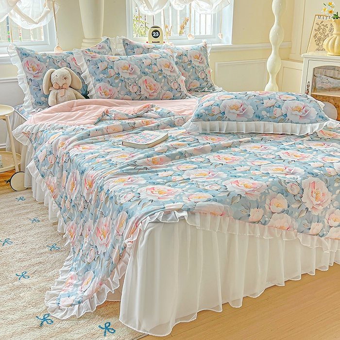 91家纺网 家纺一手货源 找家纺 （总）栩裕纺织 2026新款（常年不断货）A类凉感丝床裙款凉席夏被四件套花边空调被三件套