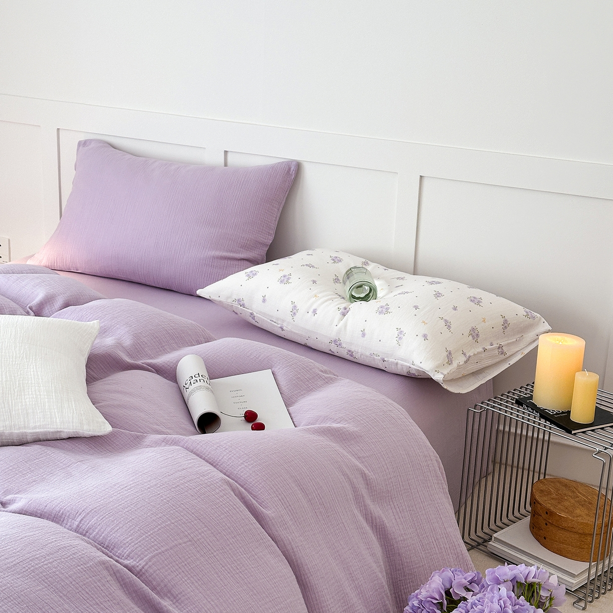 91家纺网 家纺一手货源 找家纺 玖弘家居 2026新款糖果印花色系皱皱纱四件套系列 浅紫（浅紫+柔紫花信）