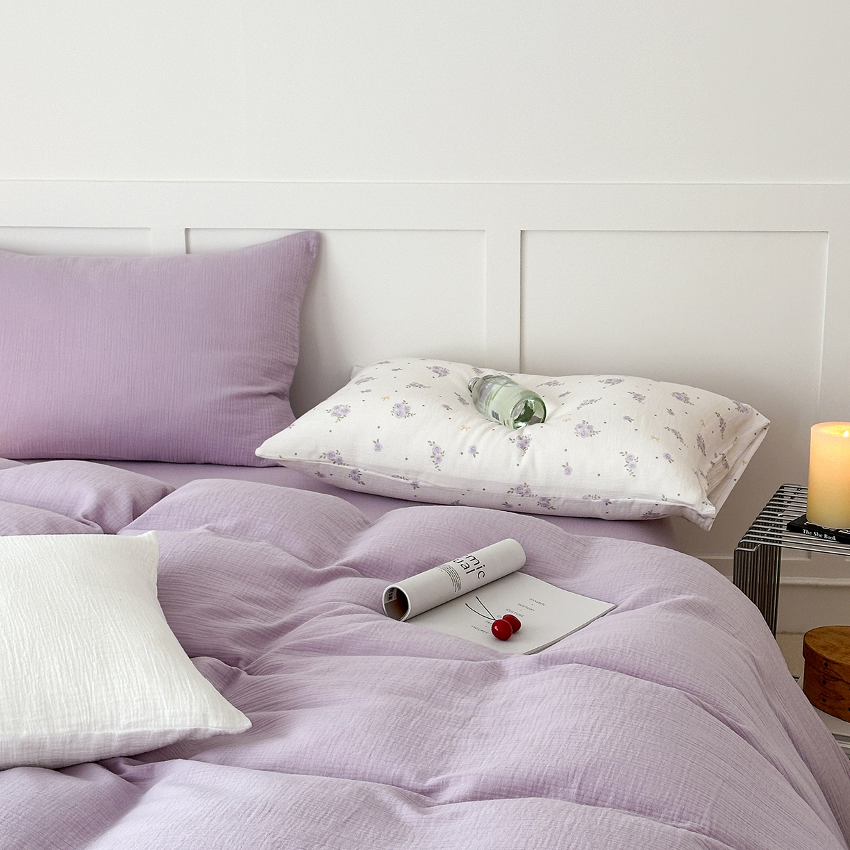 91家纺网 家纺一手货源 找家纺 玖弘家居 2026新款糖果印花色系皱皱纱四件套系列 浅紫（浅紫+柔紫花信）